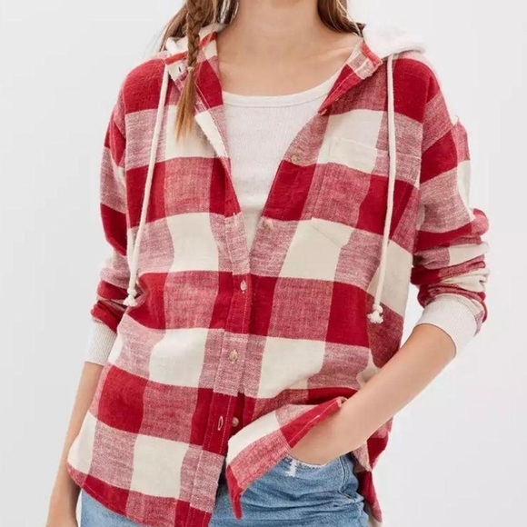 American Eagle Outfitters Tops - American Eagle Red White Plaid Hooded Button Down Shirt XS Cotton Check Flannel